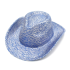 Close-up of silver and blue cracked texture on a metallic finish western cowboy hat