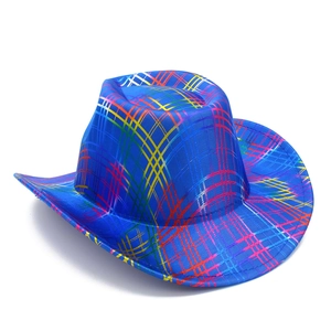 Detail of blue cowboy hat with shiny rainbow striped pattern for party and stage performance