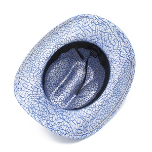 Macro view of cowboy hat interior with silver pattern and polyester material label