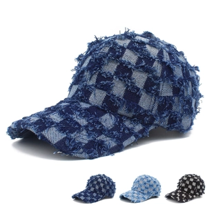 Distressed Checkerboard Denim Baseball Cap Frayed Edge Vintage Adjustable Cotton Sun Hat For Outdoor Streetwear Women Men