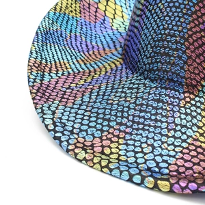 Detail van de kleurrijke metallic slangenleer textuur op een cowboyhoed met brede rand