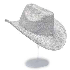 Detailed close-up of shiny silver sequins on a stylish Western jazz cowboy party hat