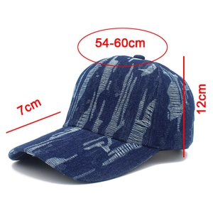 Distressed denim baseball cap size guide showing 54-60cm circumference and 7cm brim
