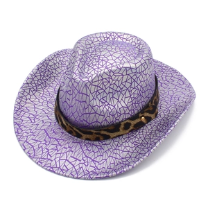 Detail of purple laser texture party hat with leopard print band and gold stud accent