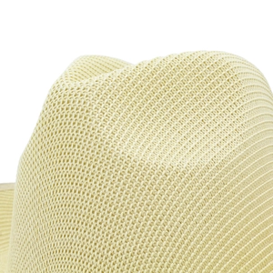 Close-up of fine woven texture and breathable straw fabric on a beige fedora hat