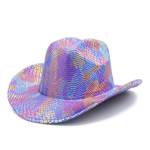Detail van de metallic regenboog slangenleer textuur op cowboyhoed met een brede rand