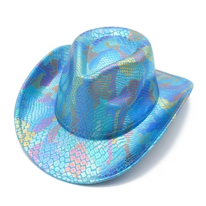 Top view of shiny laser blue cowboy hat with colorful snakeskin scale texture details