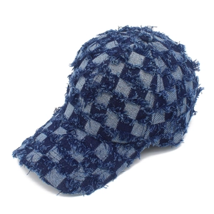 Streetwear checkerboard denim baseball cap with distressed fringe details in navy and light blue