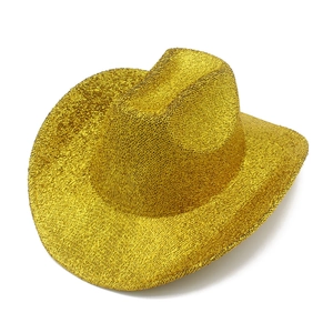 Close-up of golden sequin texture on a stylish western cowboy party hat with reflective finish