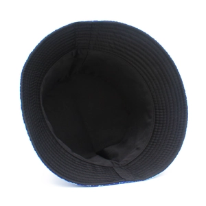 Detail of blue sea life print bucket hat featuring black lining and reinforced stitching