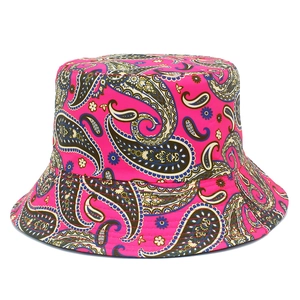 Detailed view of the rose pink paisley bucket hat with reinforced brim stitching