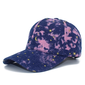 Fashionable denim baseball cap with pink tie-dye and gold star moon embroidery