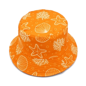 Detailed top view of orange bucket hat with white starfish and shell marine patterns