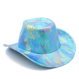 Macro detail of laser blue cowboy hat featuring a distinctive snakeskin scale texture