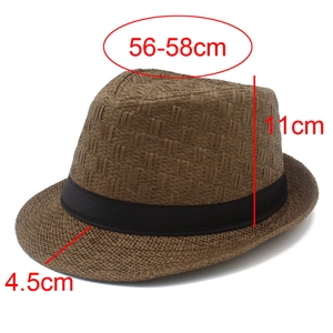 Detail view of straw jazz hat showing dimensions of 11cm crown and 4.5cm brim width