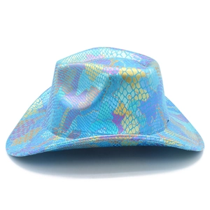 Close-up of holographic snake pattern texture on a colorful western cowboy party hat