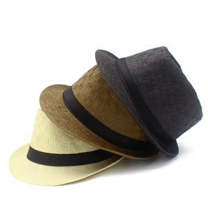 Men's summer straw jazz hats in cream, tan, and dark grey with black silk ribbons