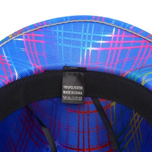 Detail view of colorful cowboy hat interior featuring sweatband and 100% polyester label