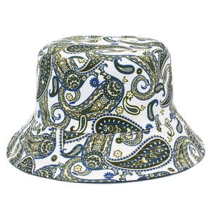 Classic paisley pattern bucket hat in white with blue and olive green floral print