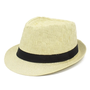 Classic light beige straw fedora hat for men with black ribbon and fine woven texture