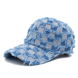 Unisex checkerboard denim baseball cap with distressed fringe and street style design