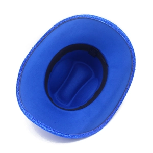Detailed interior view of blue felt cowboy hat with sparkly sequined brim and size 57 label