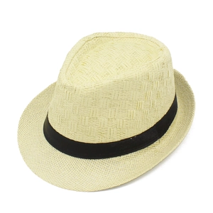 Detailed close-up of light beige straw fedora hat featuring a classic black ribbon band