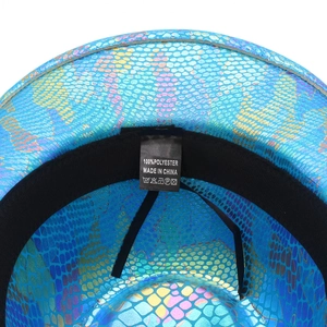 Detail of blue iridescent snake skin pattern cowboy hat with inner polyester lining
