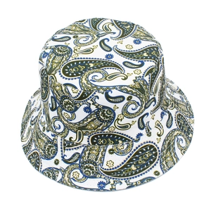 Close-up of durable cotton canvas bucket hat with intricate colorful paisley patterns