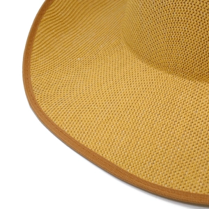 Detail of yellow straw weaving texture and dark brown fabric edging on a cowboy hat