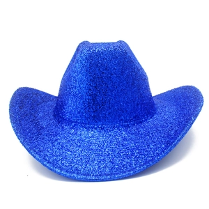 Detailed view of the sparkling blue sequins on a classic western cowboy party hat