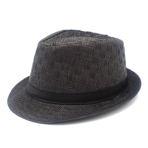 Detailed top view of dark grey straw fedora hat with a black grosgrain ribbon band