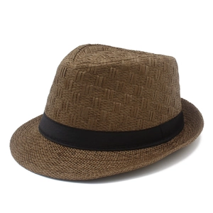 Men's brown straw jazz fedora with black ribbon for summer sun protection outdoors