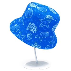 Close-up of navy bucket hat featuring white starfish and coral marine print