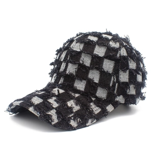 Unisex checkerboard baseball cap with distressed frayed edges and street style design