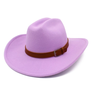Cappello da cowboy western in feltro di lana lavanda con tesa curva e cinturino in pelle