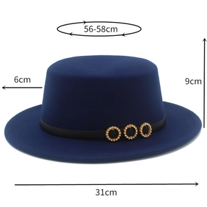 Navy flat top boater hat with black ribbon and gold accents, showing product dimensions