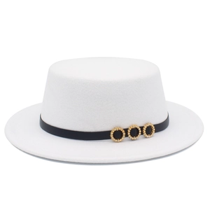 Elegant white wool felt boater hat with a slim black belt and gold metallic accents