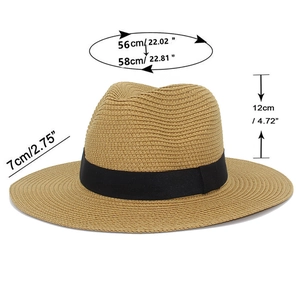 Detailed straw sun hat dimensions with 56-58cm head size and 7cm brim width measurements