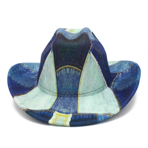 Cappello fedora patchwork in denim stile western con cuciture a contrasto per uomo e donna
