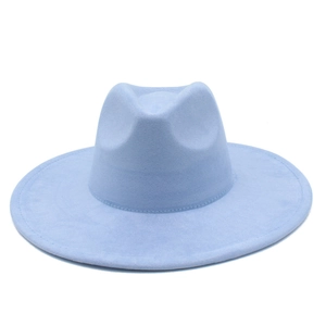 Close-up of light blue suede fedora featuring a wide brim and classic pinched crown design