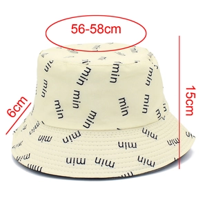 Detailed cream bucket hat with black letter pattern and 56-58cm head circumference size