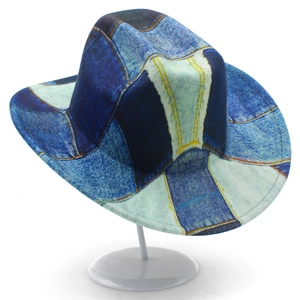 Cappello fedora western classico con stampa denim patchwork blu e tesa larga