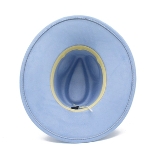 Detail view of light blue fedora hat interior showing sweatband and care label