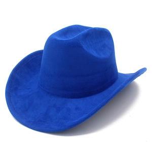 Cappello da cowboy western blu acceso in camoscio con tesa larga curva e corona retro