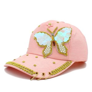 Sweet Rhinestone Butterfly Baseball Cap Sequins Artificial Pearl Decorated Sun Hat With Metal Rings Fashion Women Outdoor Duckbill Hat