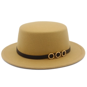 Classic camel flat top wool felt boater hat with brown leather band and gold accents