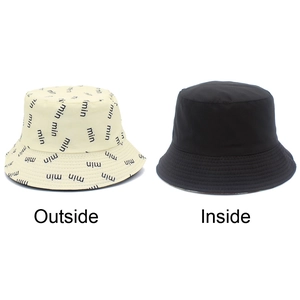 Reversible bucket hat with minimalist letter print and plain black interior view