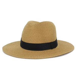 Women Paper Straw Fedora Hat Wide Brim Summer Sun Hat Breathable Woven Beach Panama Cap With Black Ribbon Band Travel Gear