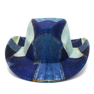 Cappello fedora vintage in stampa denim blu con tesa larga per uomo e donna stile
